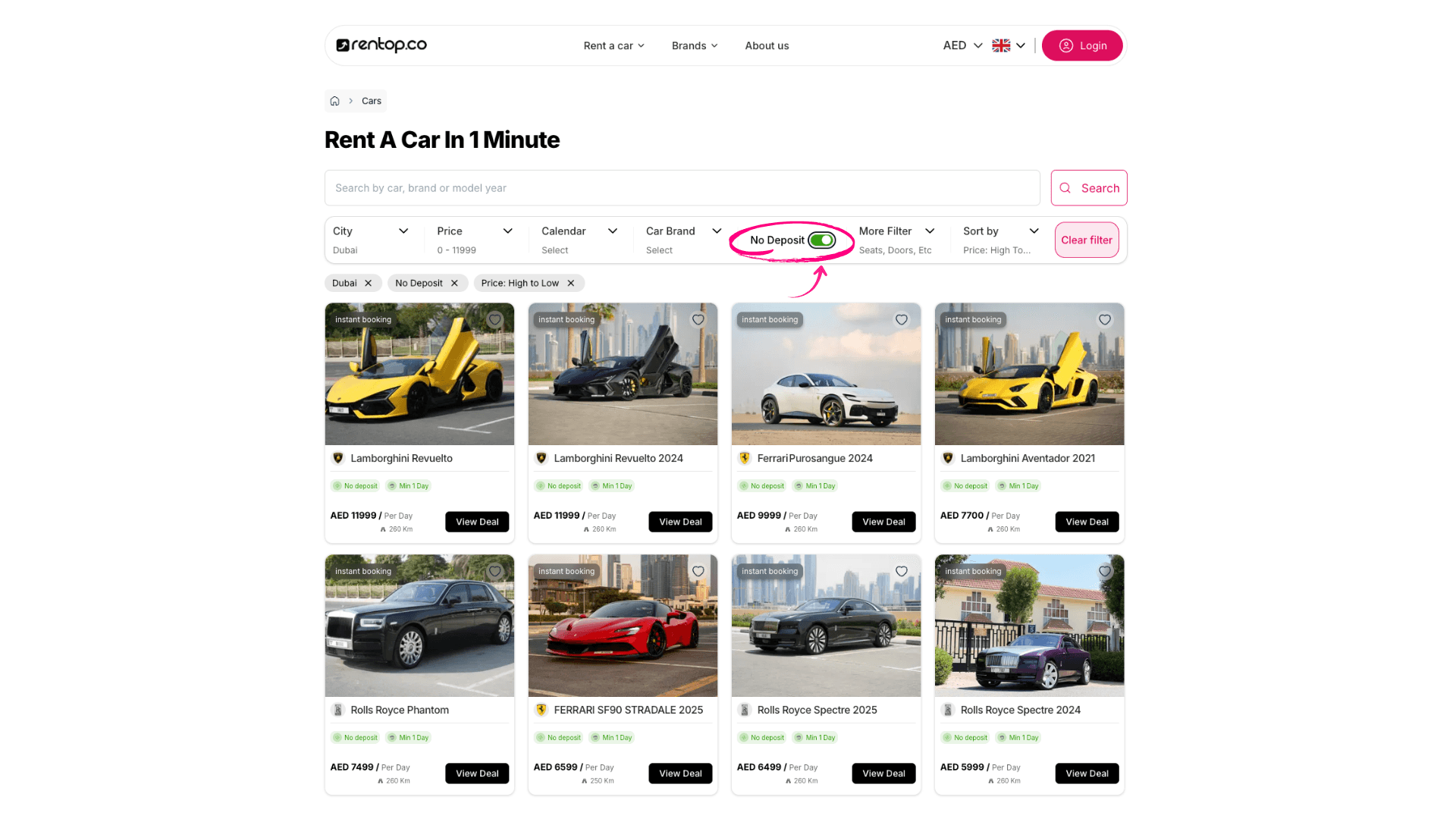 Select the No Deposit option on Rentop